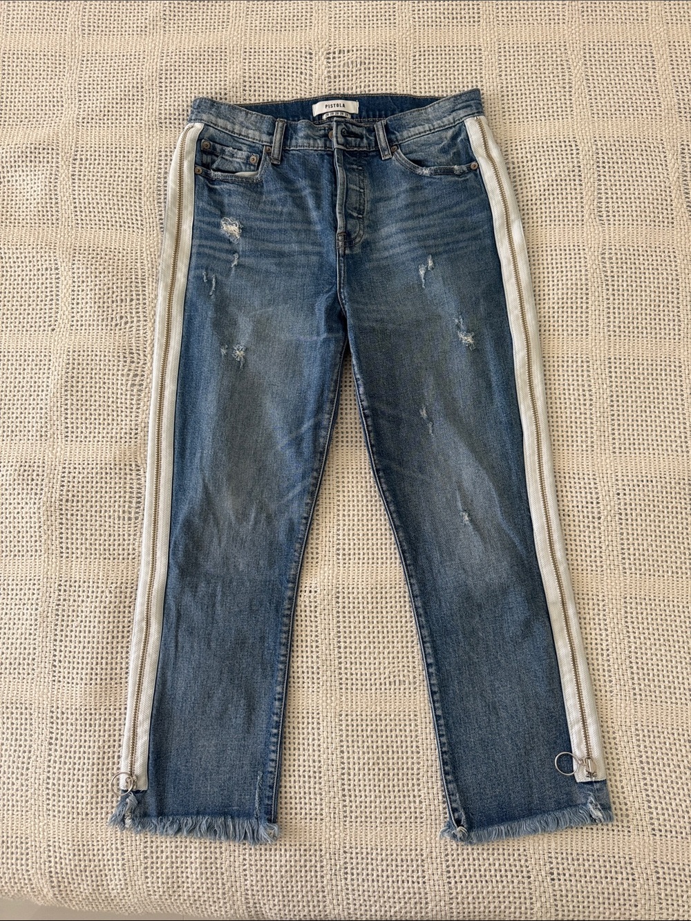 pistola Blue Straight-Leg Jeans with Cream Side Stripes